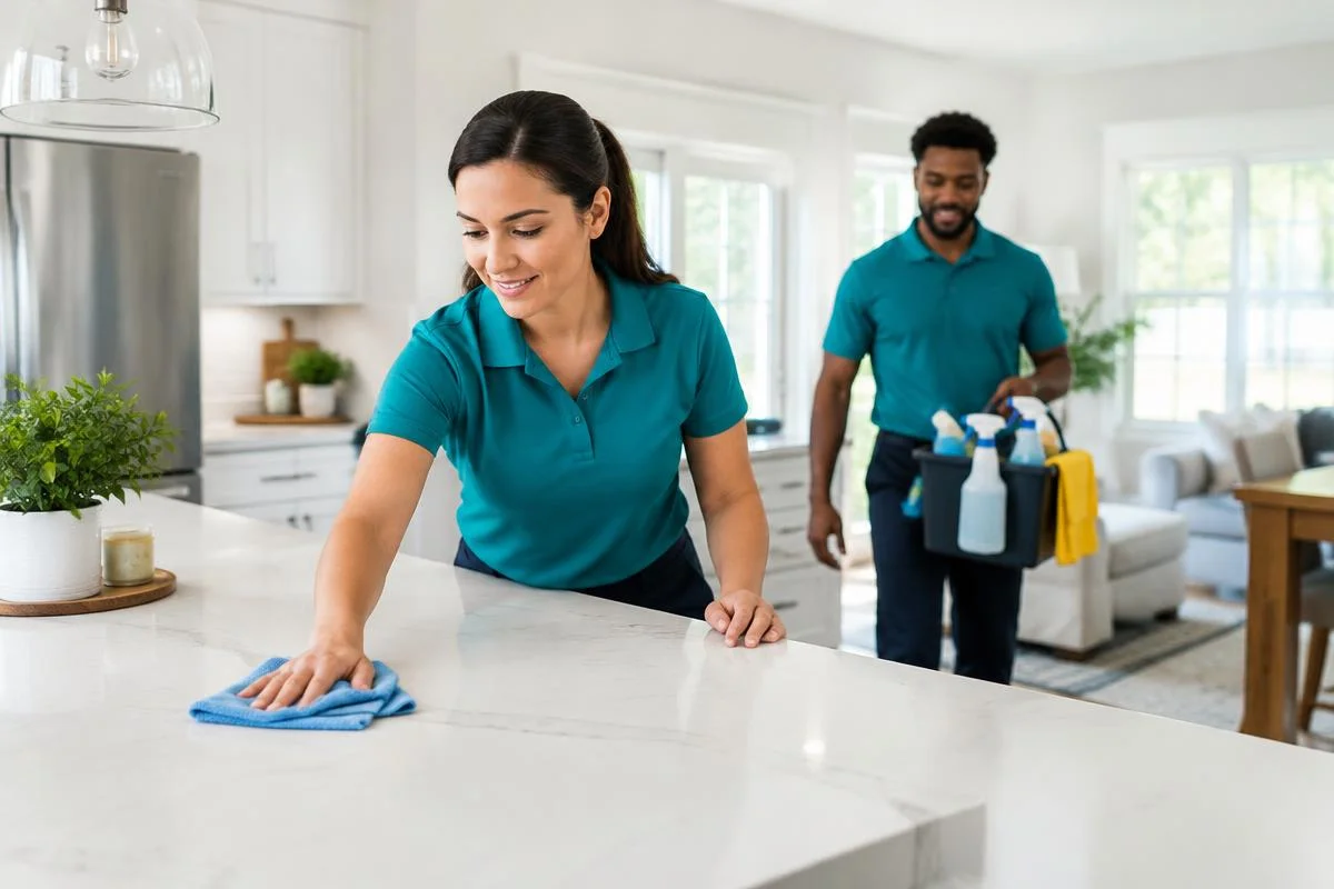 GMBRank.ai illustrates two residential cleaners working in a bright kitchen.