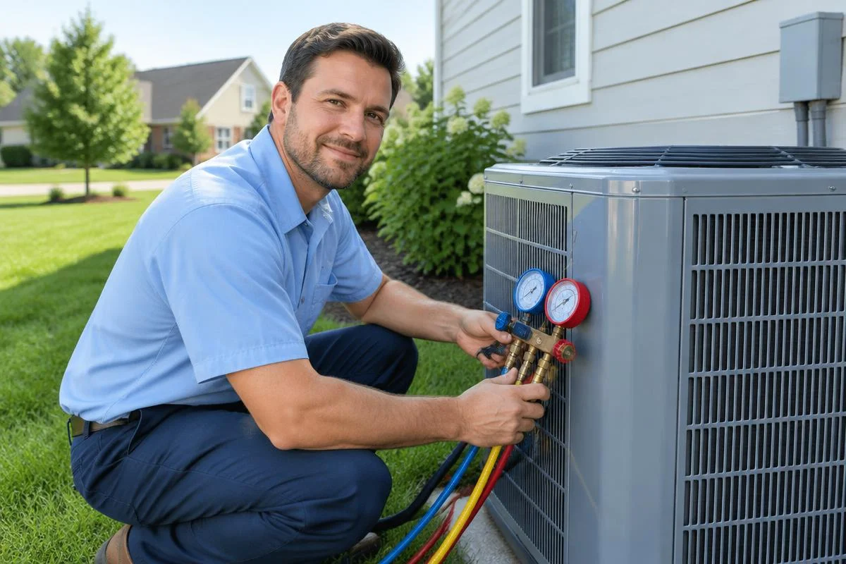GMBRank.ai illustrates an HVAC technician checking an outdoor air conditioning unit.