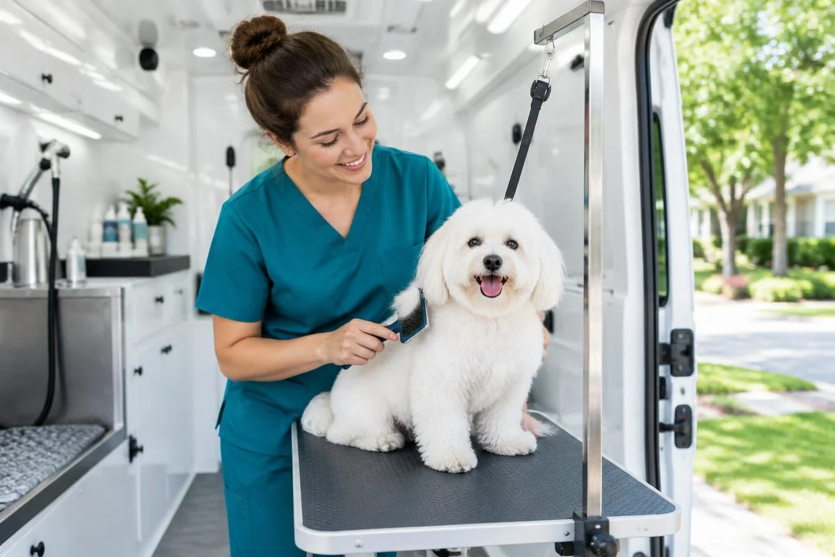 GMBRank.ai illustrates a groomer brushing a dog inside a mobile grooming van.