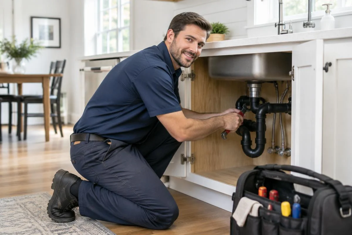 GMBRank.ai illustrates a plumber repairing pipes beneath a kitchen sink.