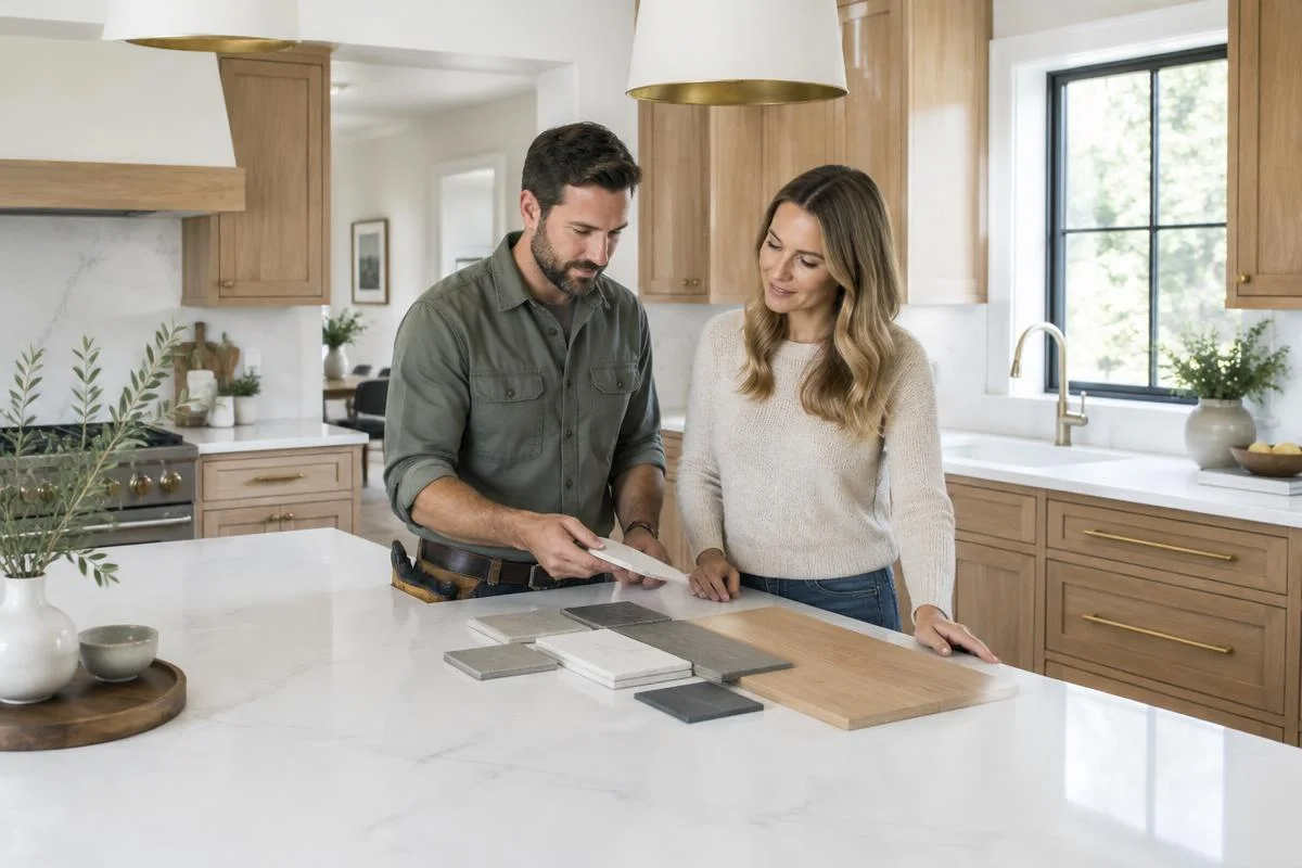 GMBRank.ai illustrates a remodeling contractor reviewing kitchen materials with a homeowner.