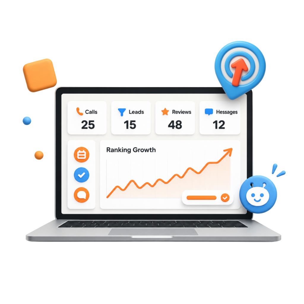 AI-powered local SEO dashboard showing Google ranking improvements and website SEO performance metrics
